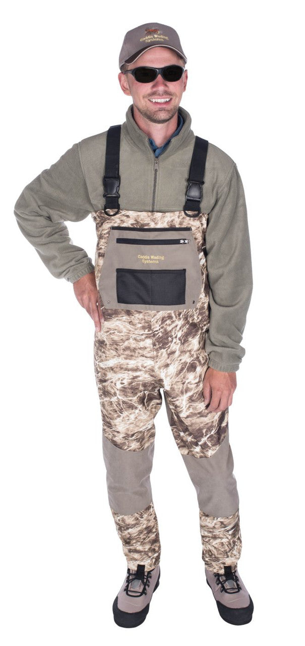 Load image into Gallery viewer, Man modeling Caddis Mens Mossy River Series Breathable Stockingfoot Waders
