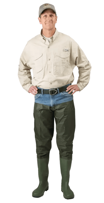 Man modeling green PCV Hip Boots