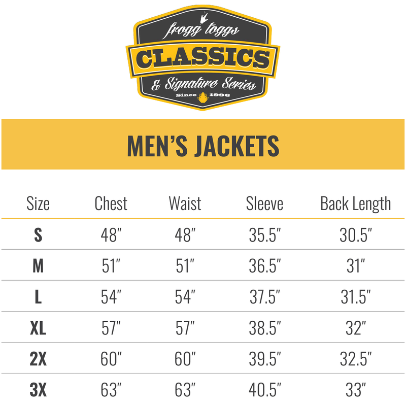 Load image into Gallery viewer, Frogg Toggs Mens Signature Bull Frogg Jacket Size Chart
