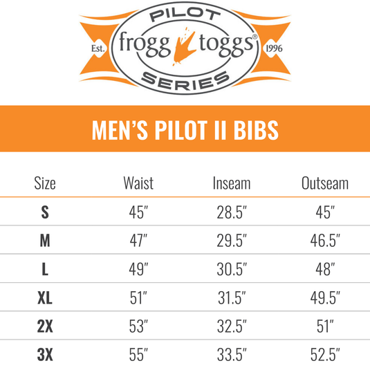 Frogg Toggs Pilot II Guide Bib - PRYM1 Size Chart