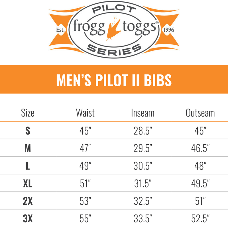 Load image into Gallery viewer, Frogg Toggs Mens Pilot II Guide Bib - Solids Size Chart
