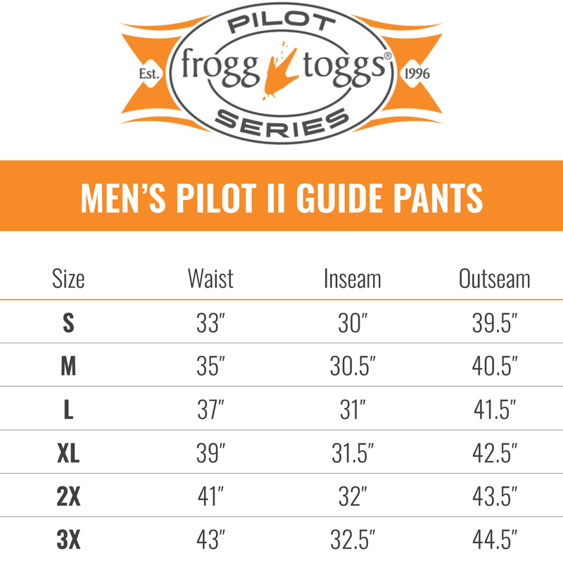 Load image into Gallery viewer, Frogg Toggs Mens Black Pilot II Guide Pants Size Chart
