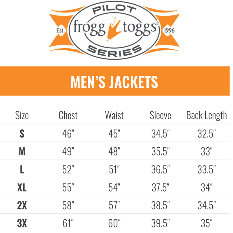 Load image into Gallery viewer, Frogg Toggs Mens Pilot II Guide Jacket Size Chart
