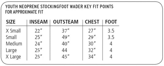Youth Neoprene Stockingfoot Wader sizing chart