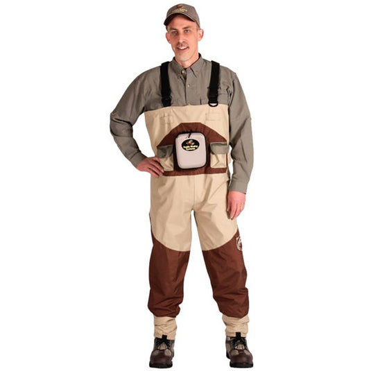 Man modeling Game Changer Breathable Waders in tan/brown
