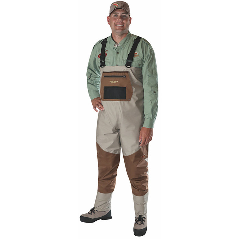 Load image into Gallery viewer, Caddis Mens Regular Tan/Copper Deluxe Stockingfoot Breathable Waders - shown modeled by a smiling man in a pale green/gray shirt
