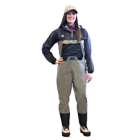 Woman modeling Caddis Womens Tan/Black Breathable Stockingfoot Waders