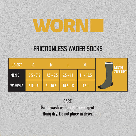 WORN Camouflage Frictionless 1.5mm Neoprene Wader Socks Size Chart