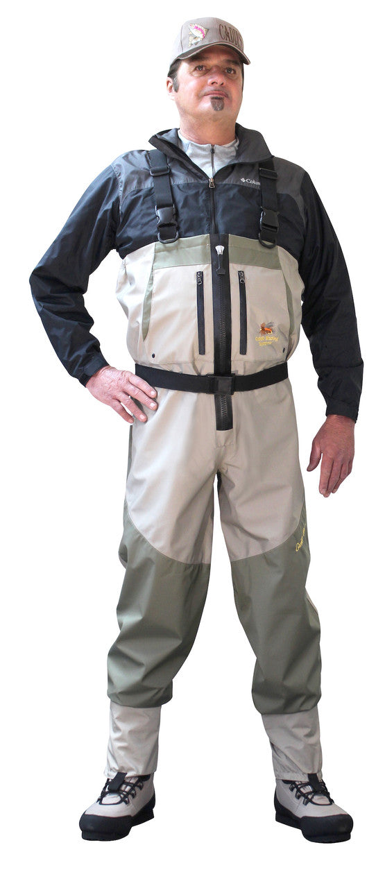Load image into Gallery viewer, Man modeling the Stone Zippered Deluxe Plus Breathable Stockingfoot Waders 
