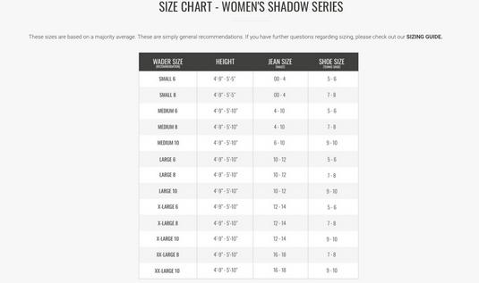 Gator Waders Women's Shadow Series Breathable Waders - Realtree Original Size Chart