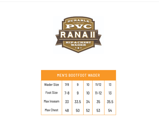 Frogg Toggs Mens Brown Rana II PVC Felt Bootfoot Hip Waders Size Chart