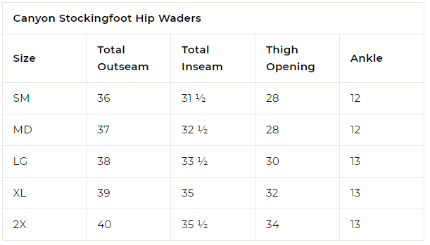 Load image into Gallery viewer, Size Chart for Canyon Stockingfoot Hip Waders
