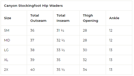 Size Chart for Canyon Stockingfoot Hip Waders