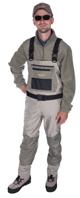 Man modeling Caddis Mens Deluxe Plus Gray Breathable Stockingfoot Wader