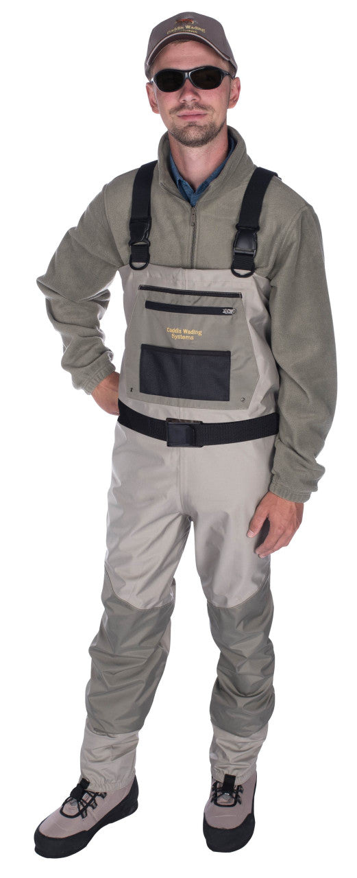 Load image into Gallery viewer, Man modeling Caddis Mens Deluxe Plus Gray Breathable Stockingfoot Wader
