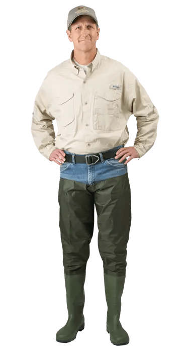 Load image into Gallery viewer, Man modeling green PCV Hip Boots
