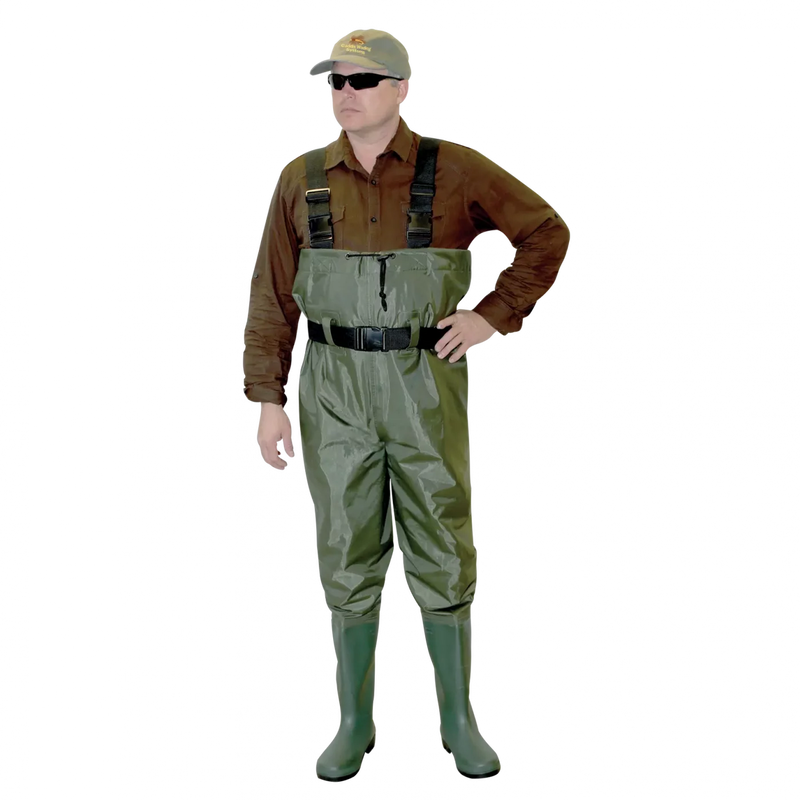 Load image into Gallery viewer, Man modeling green  PVC Chest Waders
