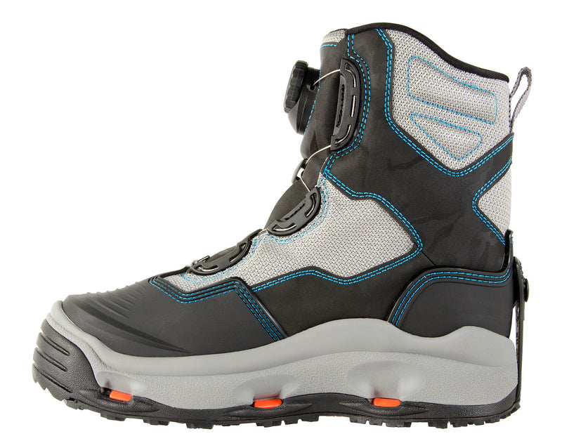 Load image into Gallery viewer, Korkers Darkhorse Women&#39;s Wading Boots with Kling-On Soles, grey with blue stitching
