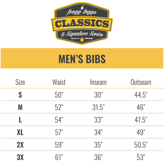 Frogg Toggs Mens Black Classic Pro Advantage Bib Size Chart