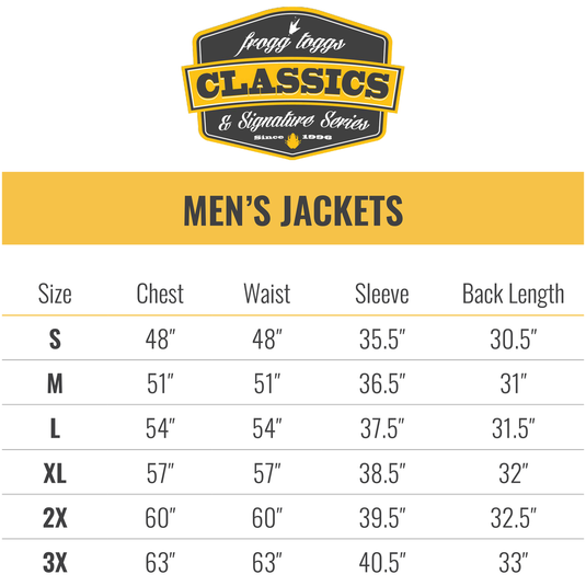 Frogg Toggs Mens Pro Action Jacket - Solids Size Chart