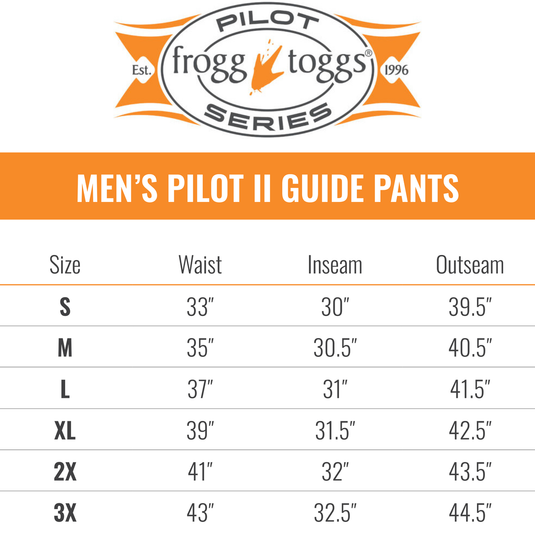 Frogg Toggs Mens Pilot II Guide Pants - Camo Size Chart