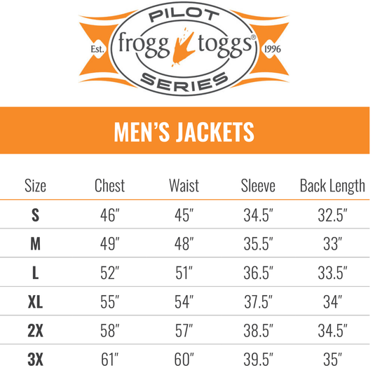 Frogg Toggs Mens Pilot III Guide Jacket Size CHart