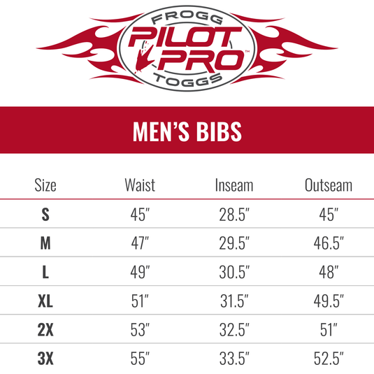 Frogg Toggs Mens Pilot Pro Bib Size Chart