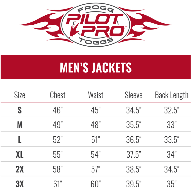 Load image into Gallery viewer, Frogg Toggs Mens Pilot Pro Jacket Size Chart
