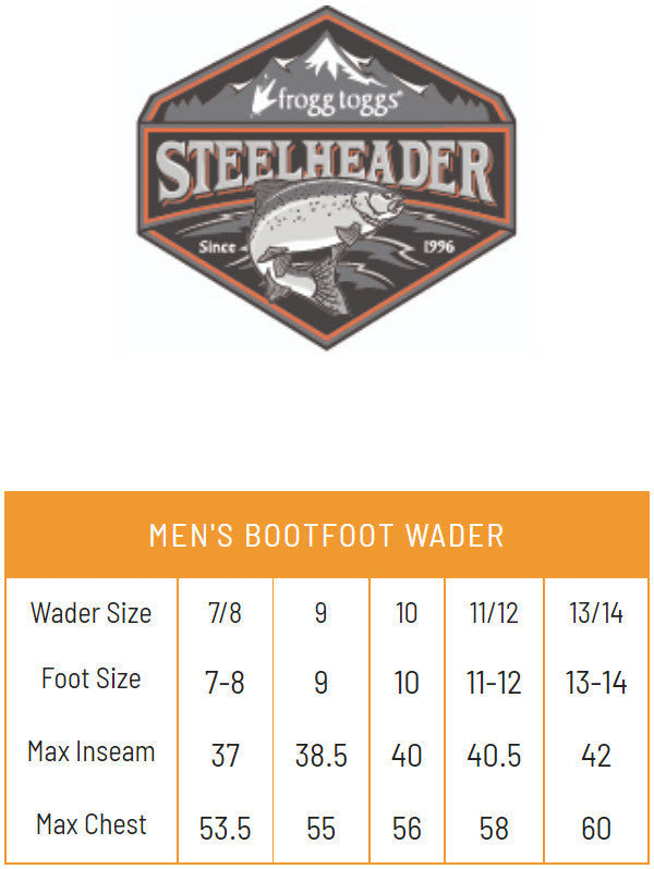 Load image into Gallery viewer, Frogg Toggs Mens Slate/Gray Steelheader Insulated Felt Bootfoot Chest Waders Size Chart
