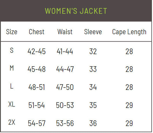 Frogg Toggs Womens Xtreme Light Jacket Size Chart