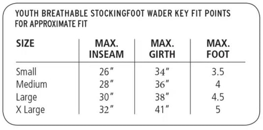 Youth Stockingfoot Wader size chart