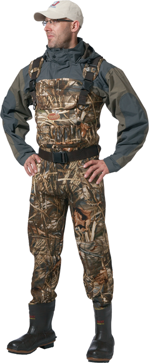 Load image into Gallery viewer, Man modeling Neoprene Waders in Realtree Max-5 camo
