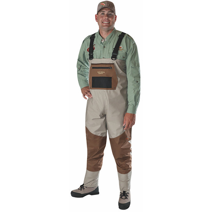 Caddis Mens Regular Tan/Copper Deluxe Stockingfoot Breathable Waders - shown modeled by a smiling man in a pale green/gray shirt