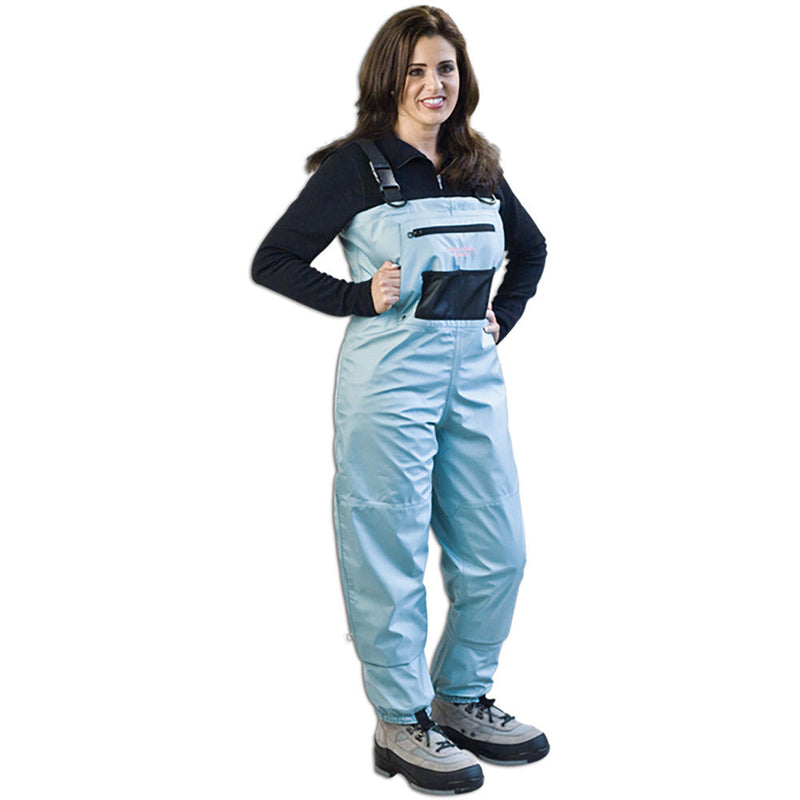 Load image into Gallery viewer, Brunette woman modeling Caddis Womens Regular Teal Deluxe Breathable Stockingfoot Waders
