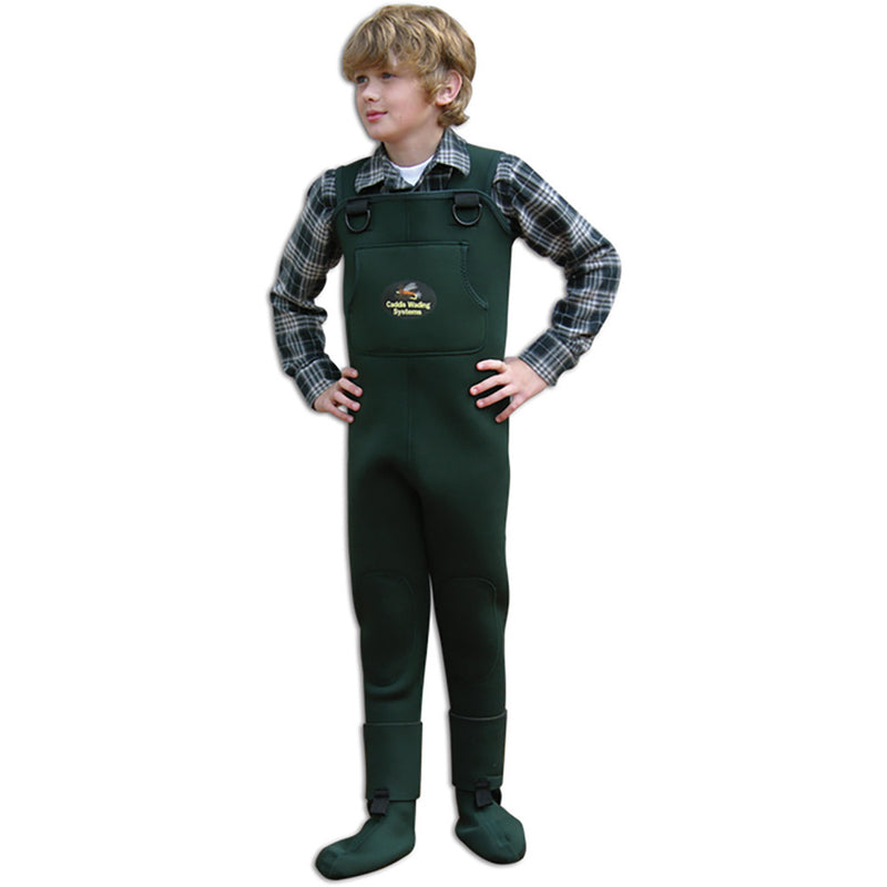 Load image into Gallery viewer, Boy modeling Dark Green Neoprene Stockingfoot Waders
