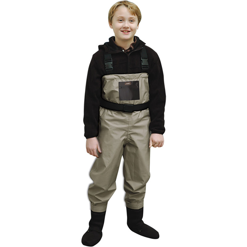 Load image into Gallery viewer, Boy modeling  Khaki Breathable Stockingfoot Waders
