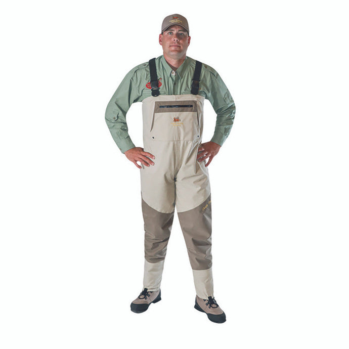 Man in hat modeling Caddis Mens Beige/Brown Northern Guide Breathable Stockingfoot Waders