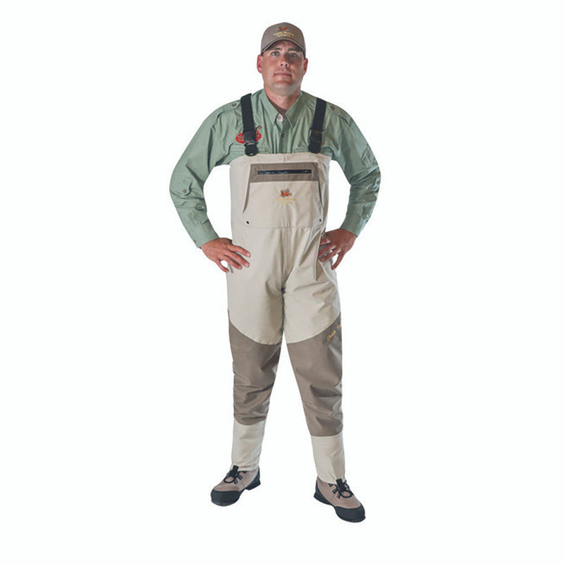 Load image into Gallery viewer, Man in hat modeling Caddis Mens Beige/Brown Northern Guide Breathable Stockingfoot Waders
