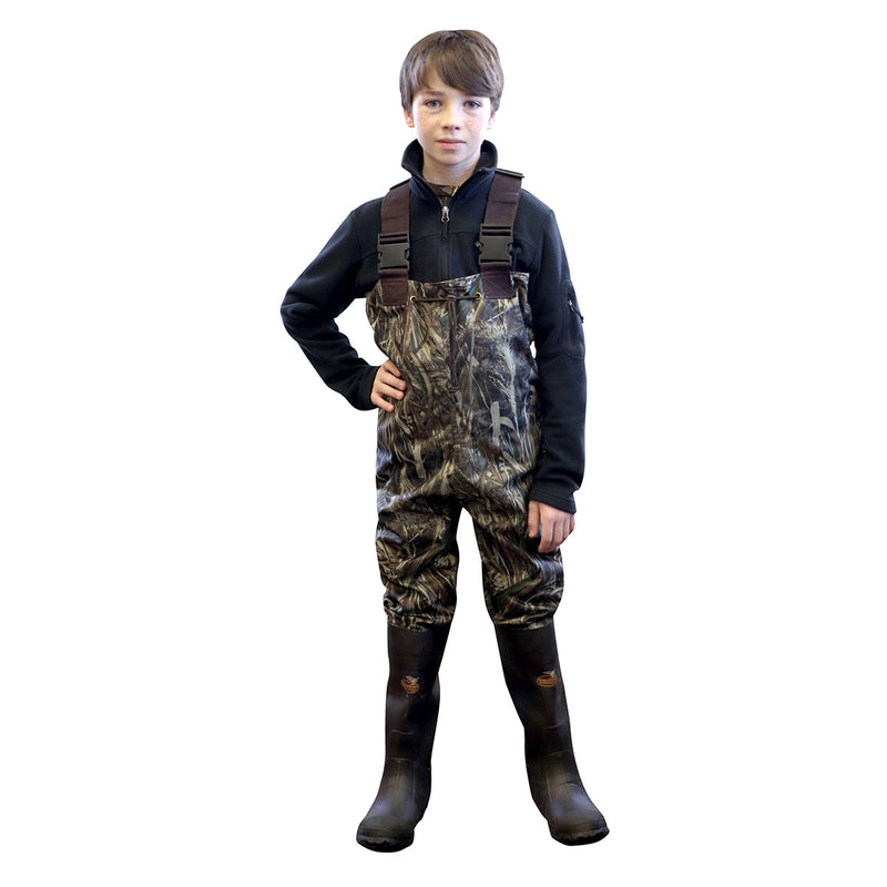 Load image into Gallery viewer, Young boy modeling the Youth Realtree Max-5 Chest Waders

