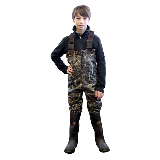 Young boy modeling the Youth Realtree Max-5 Chest Waders