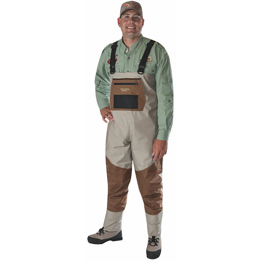 Smiling man models the Caddis Deluxe Stockingfoot Breathable Waders