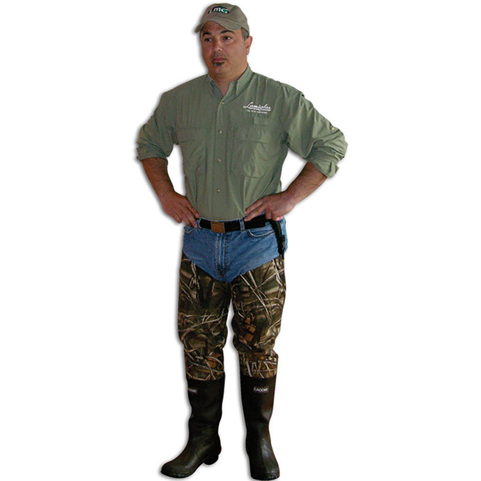Man modeling Caddis 2-ply Hip Boots - Realtree Max-5