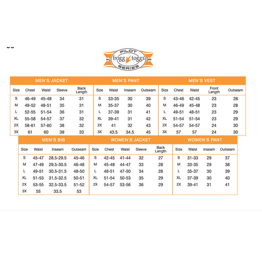 Frogg Toggs Women's Pilot II Guide Jacket - Realtree Fishing Size Chart