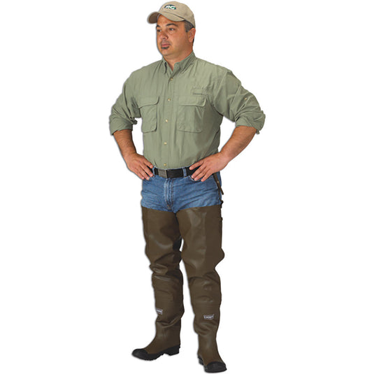 Man modeling Rubber Hip Boots with Knee Harness