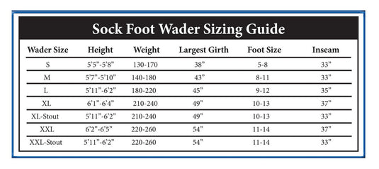 Chota Rocky River Stockingfoot Waders - Tan Size Chart