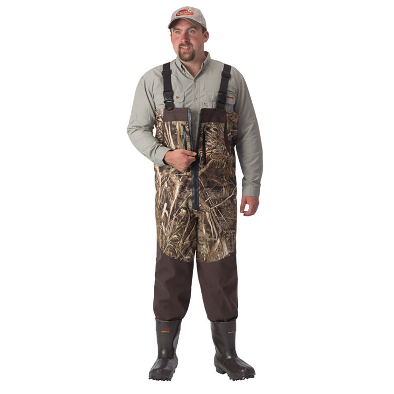 Load image into Gallery viewer, Man modeling Realtree Max-5 1200 Gram Northern Guide Breathable Bootfoot Zippered Waders
